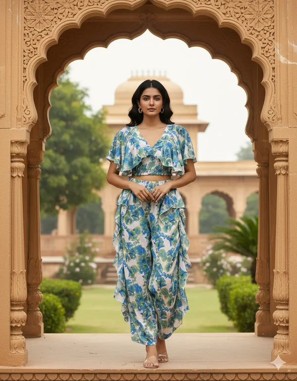 Women's Floral Printed Ruffle Co-ord Set (Crop Top + Dhoti Style Pant)