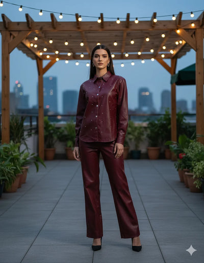 Women’s Faux Leather Co-ord Set (Shirt + Pants)