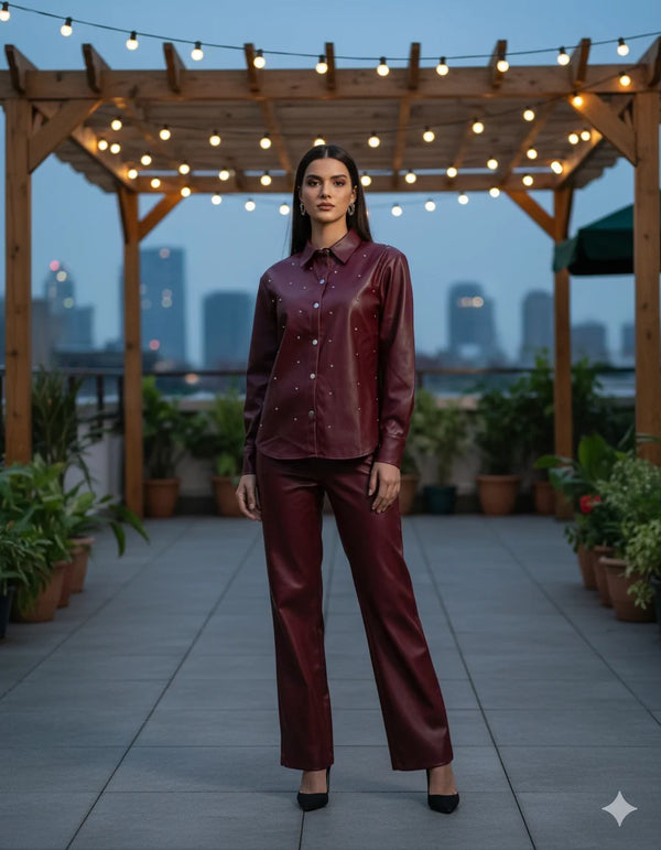 Women’s Faux Leather Co-ord Set (Shirt + Pants)