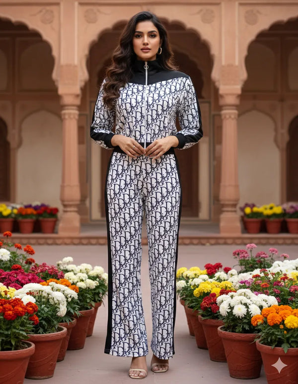 Women's Designer Monogram Printed Co-ord Set (Jacket Top + Pants)