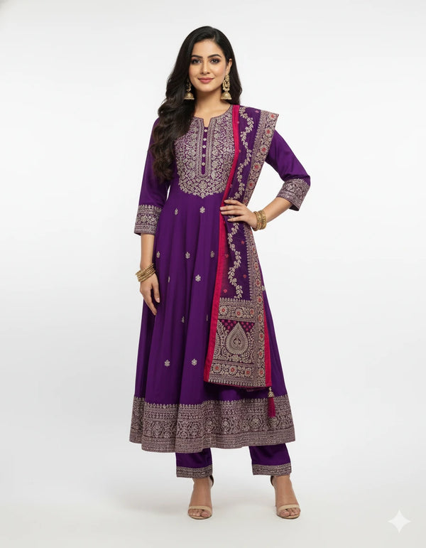Royal Purple Embroidered Anarkali Kurta Set with Contrast Maroon Dupatta