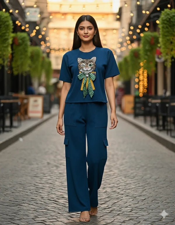 Women’s Cat Motif Co-ord Set (Top + Pants)