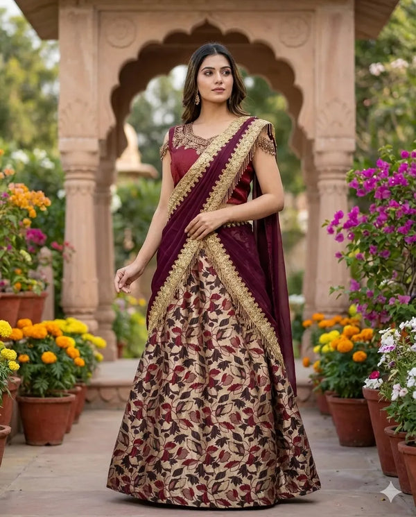 Women's Designer Embroidered Maroon Lehenga Set with Attached Drape