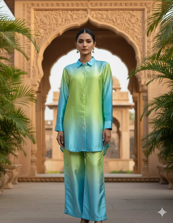 Women's Satin Ombre Co-ord Set (Shirt + Pant)