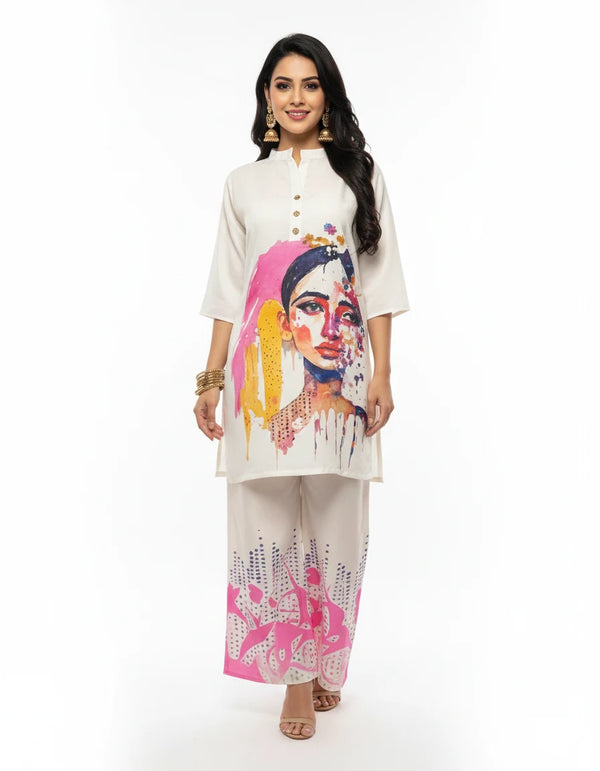 White Artistic Printed Co-ord Set