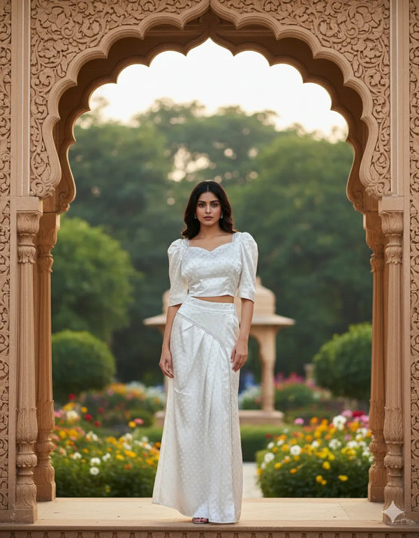 Women's Designer White Satin Co-ord Set (Crop Top + Draped Skirt)