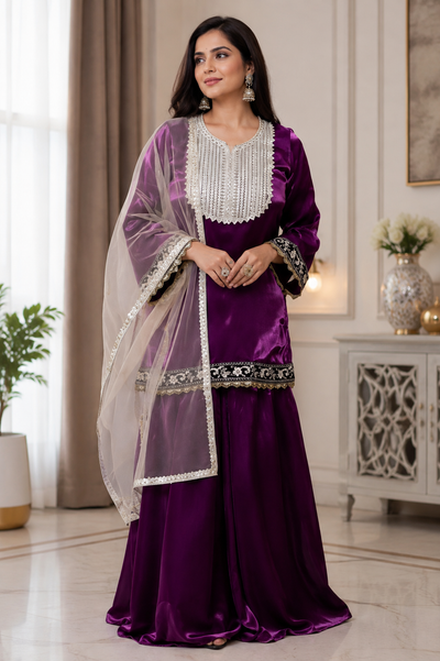 Purple Velvet Sharara Set with Dupatta