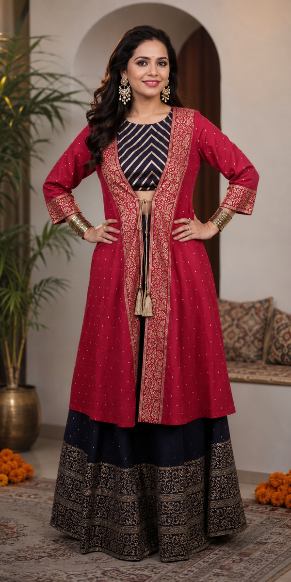 Maroon Jacket Style Suit Set with Palazzo