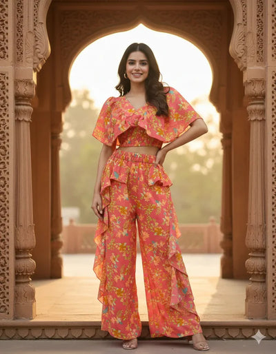 Women's Floral Printed Ruffle Co-ord Set (Crop Top + Palazzo Pants)