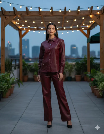 Women’s Faux Leather Co-ord Set (Shirt + Pants)