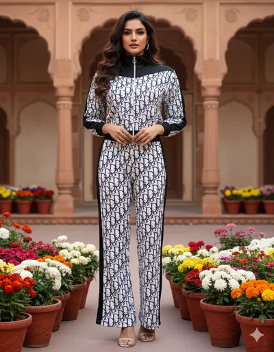 Women's Designer Monogram Printed Co-ord Set (Jacket Top + Pants)
